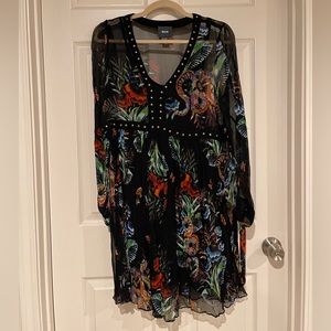 Maeve Mini Dress with Slip Liner, Studs, Ties at Sleeves, Size Medium.